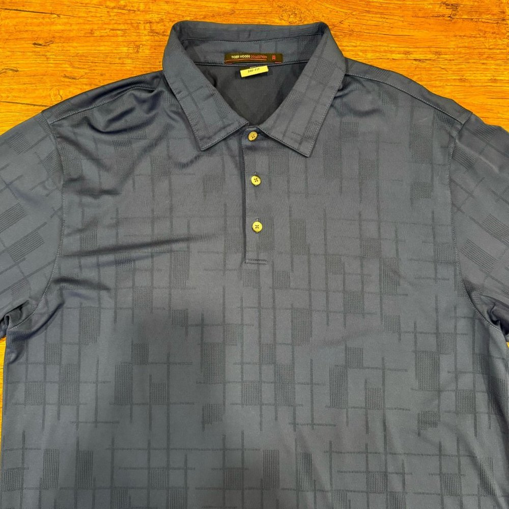 Nike Dri-Fit Blue Tiger Woods Geometric Stripe Performance Golf Polo Shirt Men L